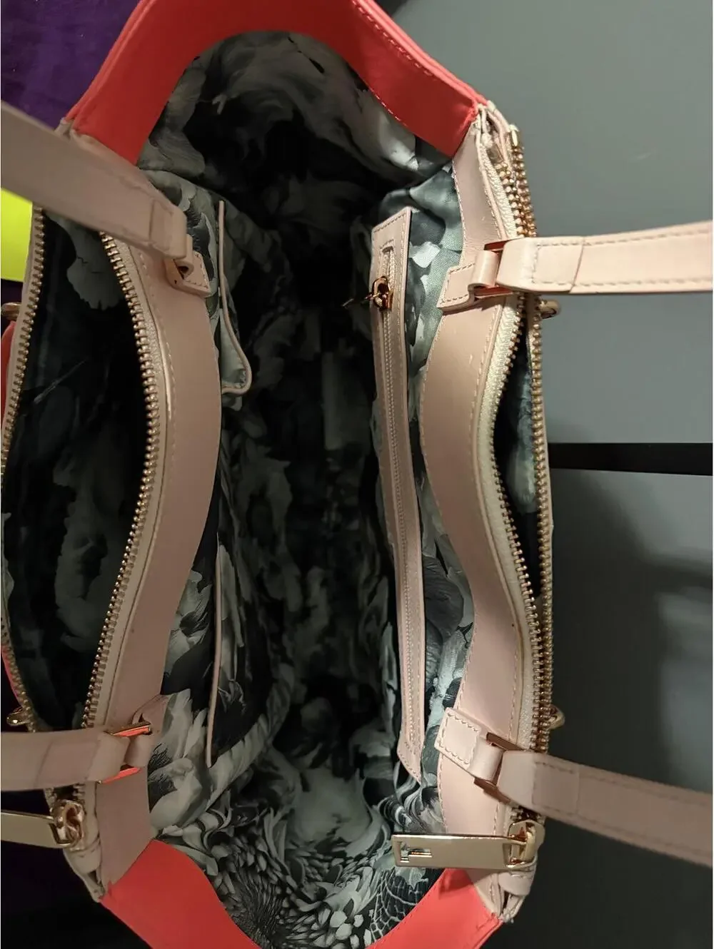 Ted Baker Pink & Coral Colorblock Leather Tote Bag with Rose Gold Bow